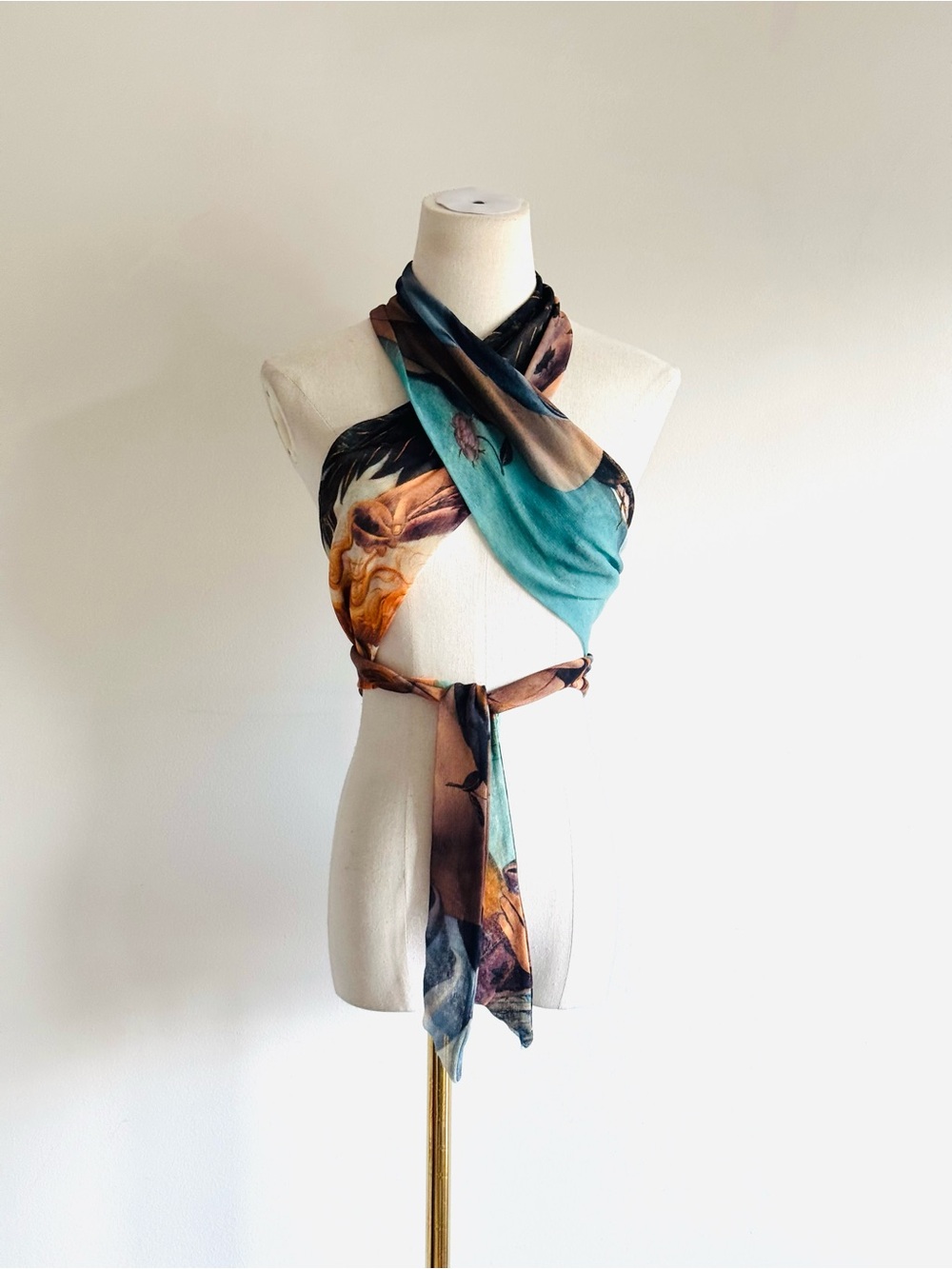 Rare Jean Paul Gaultier Teal, Brown & Cream Printed Wrap Scarf Top xxs